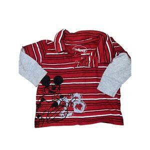 VTG Disney Mickey Mouse Shirt Boy 2T Red Stripe Polo Graphic Long Sleeve Y2K 90s